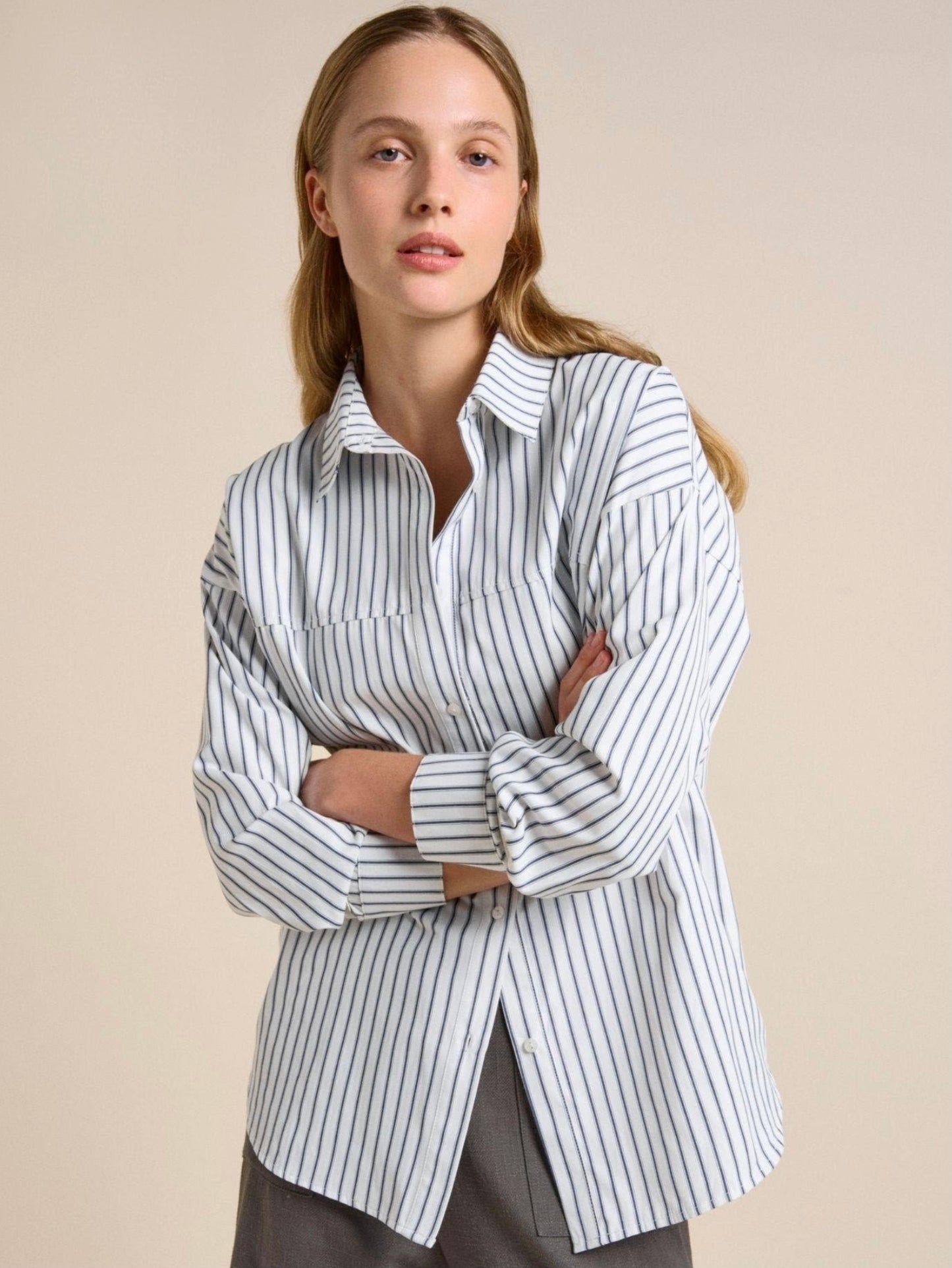Little Lies Button Back Shirt - Navy Stripe
