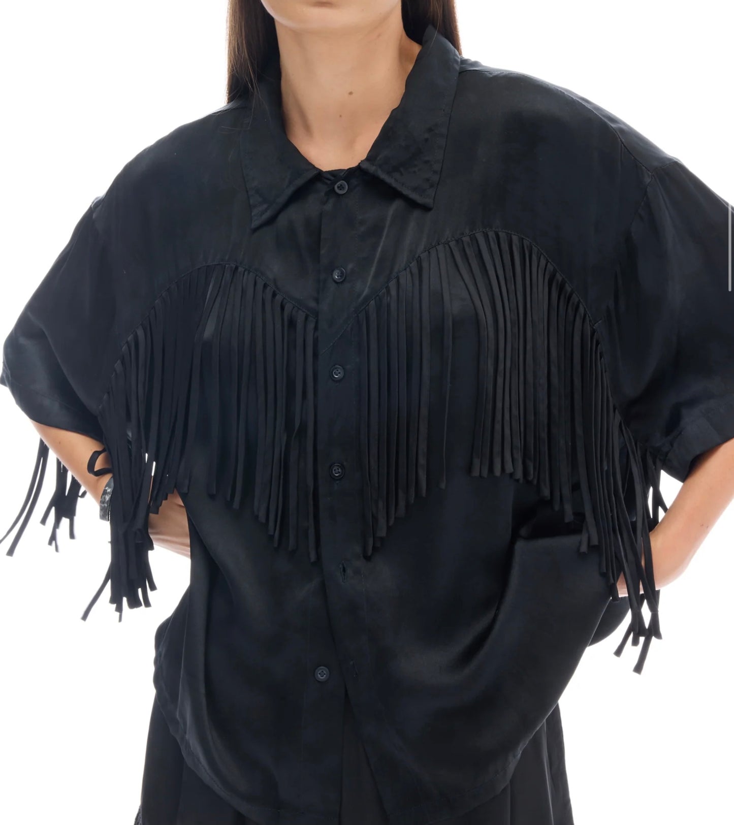 Ibiza Nights Satin Fringed Shirt Black