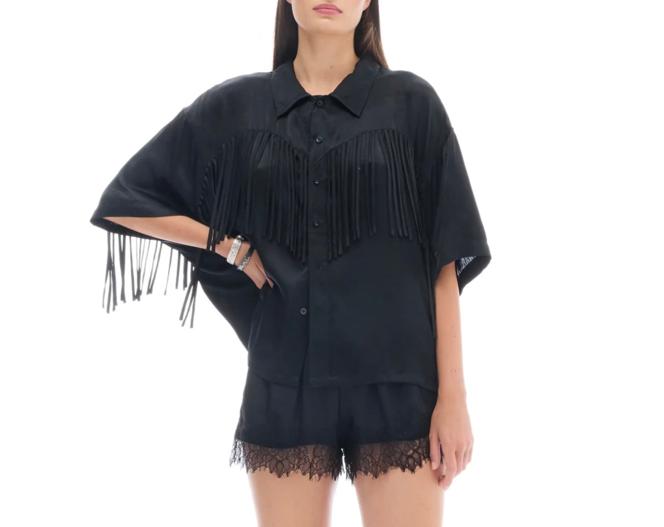 Ibiza Nights Satin Fringed Shirt Black