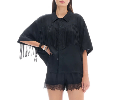 Ibiza Nights Satin Fringed Shirt Black
