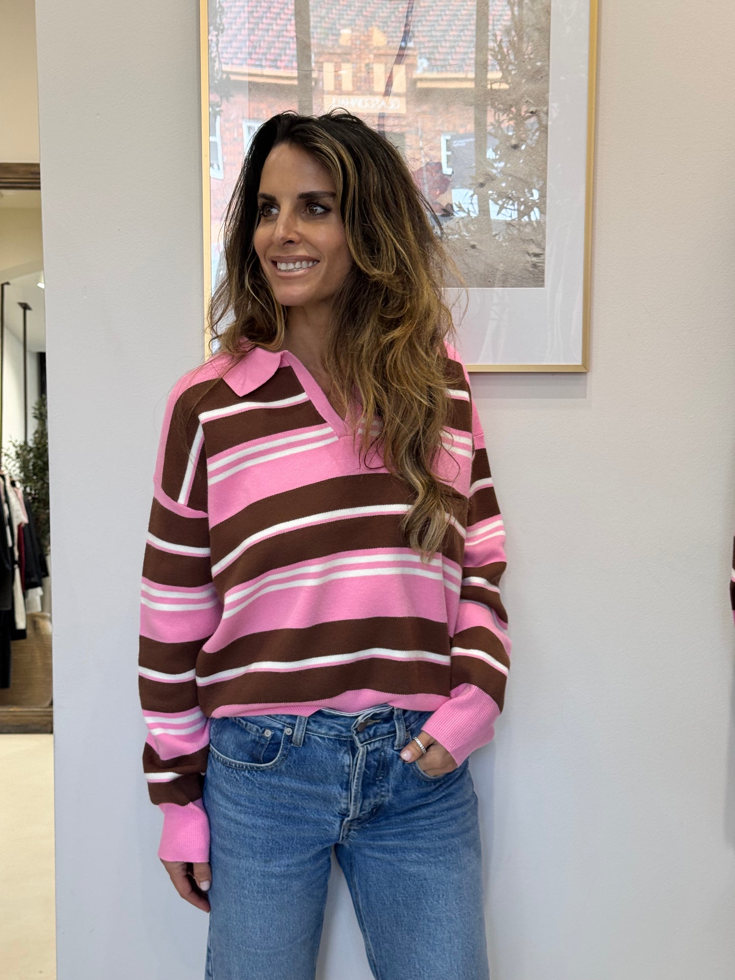 Little Lies Stripe Knit Shirt - pink/brown