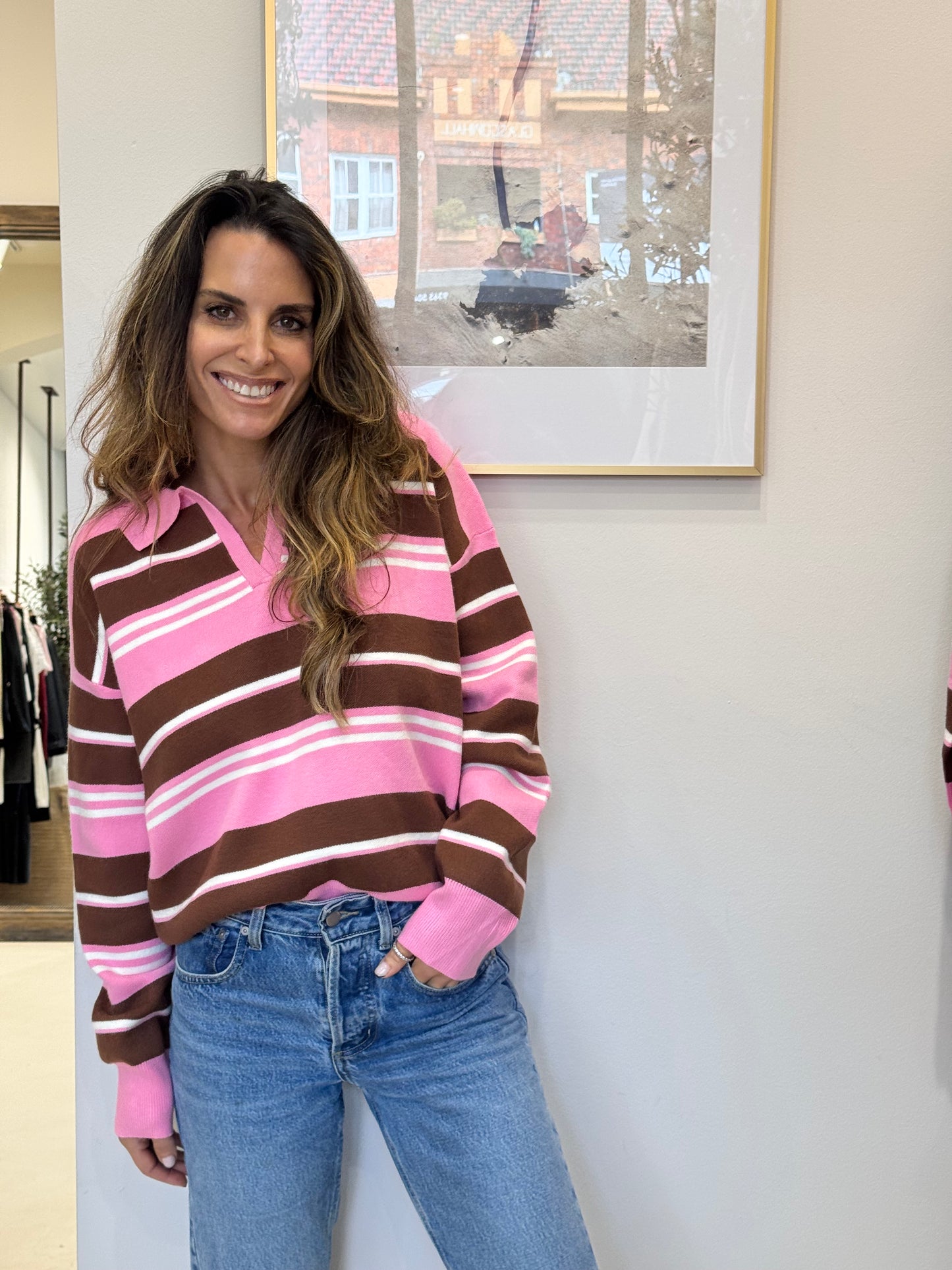 Little Lies Stripe Knit Shirt - pink/brown
