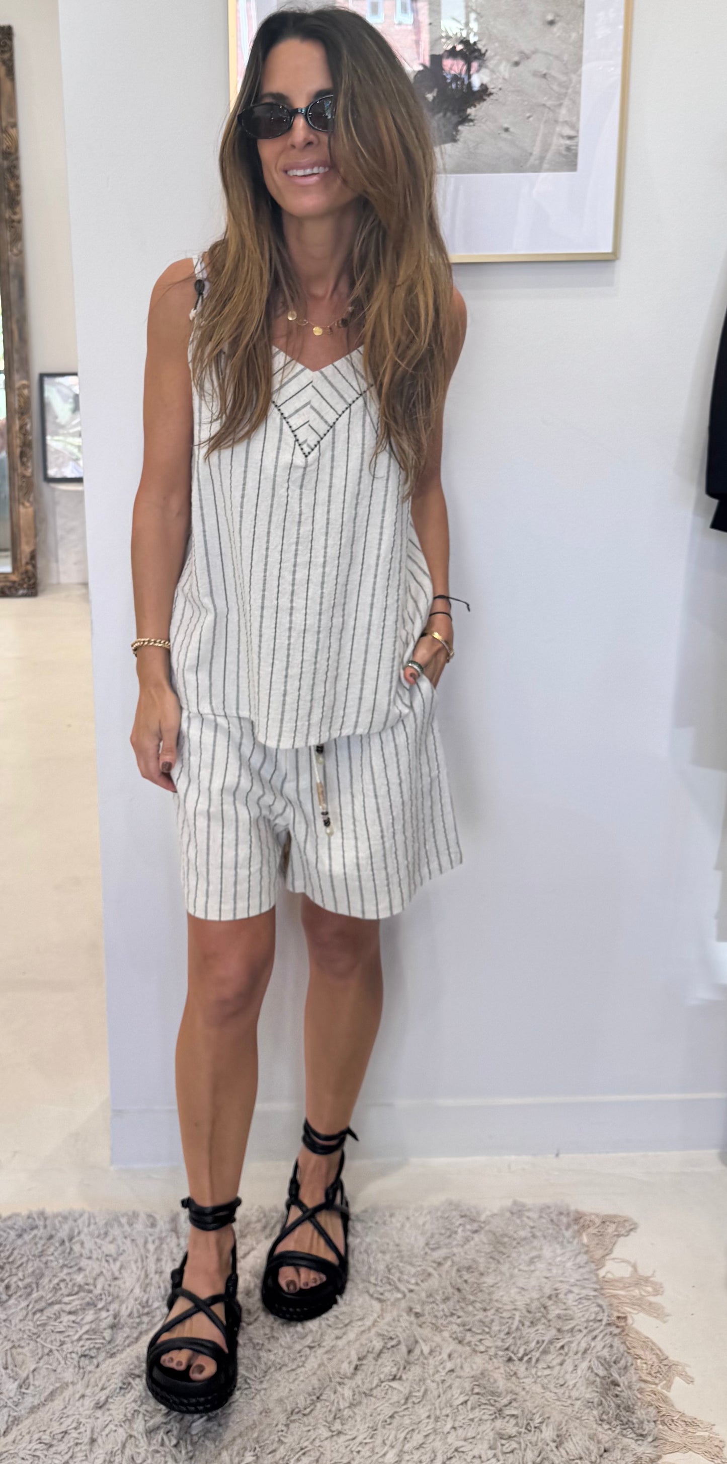 Liora - White Strip Shorts