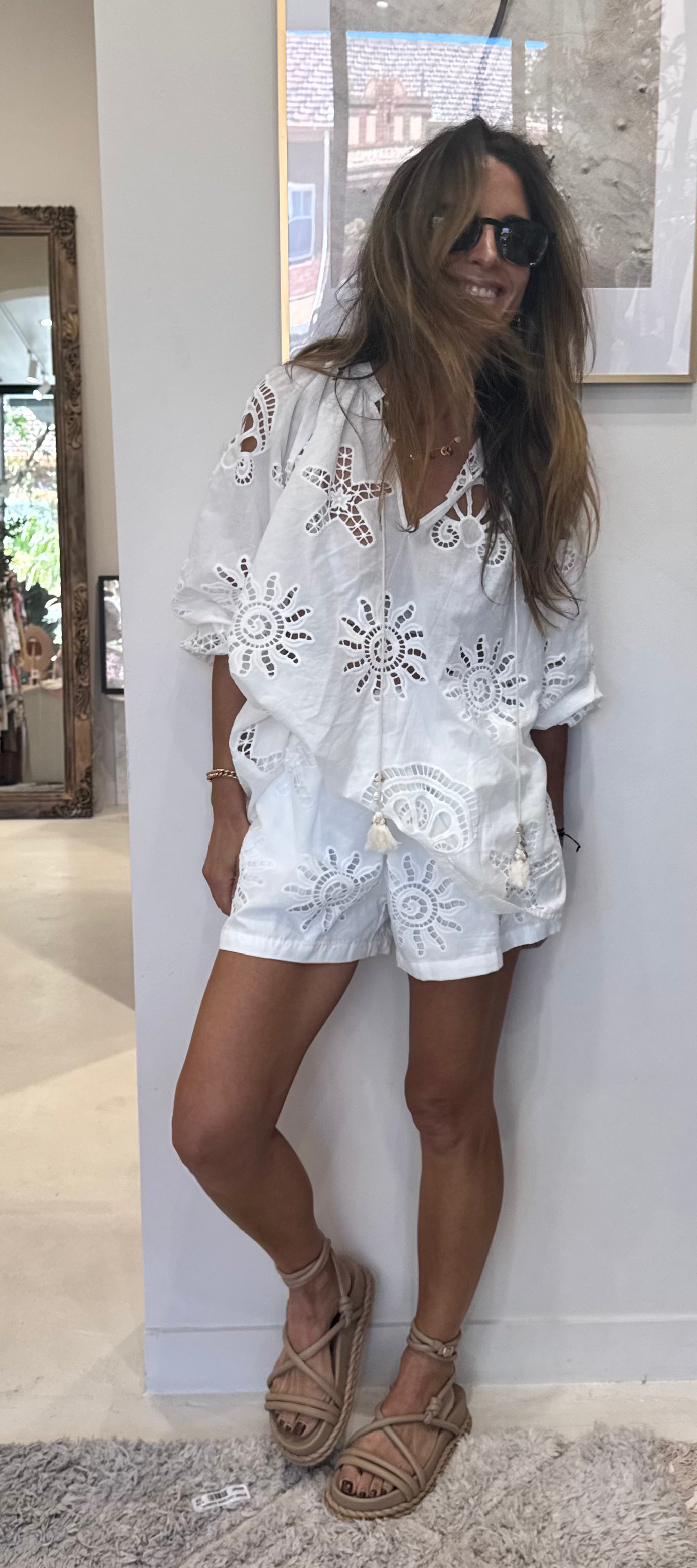Liora - White Summer Lace Shorts in White