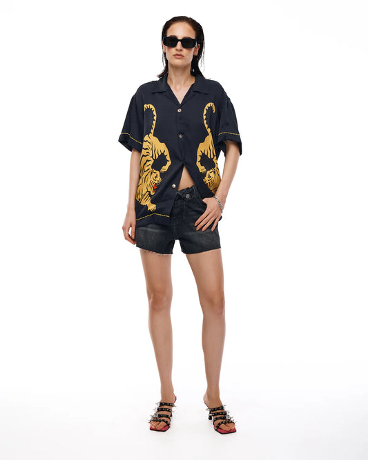 The Tales Black Silk Tiger Shirt