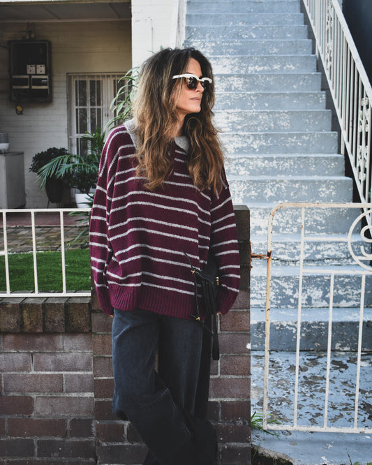 Thanne Striped Sweater - Burgundy