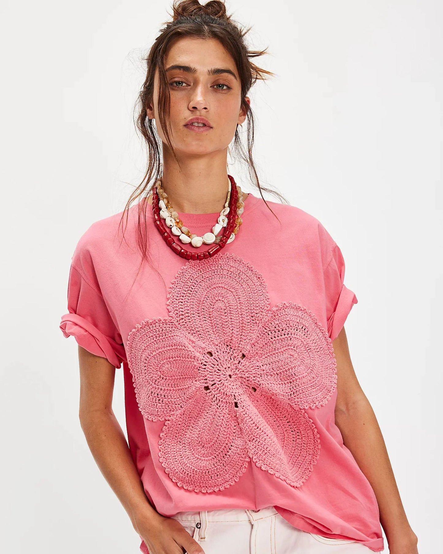The Tales Crochet Flower Pink Tee